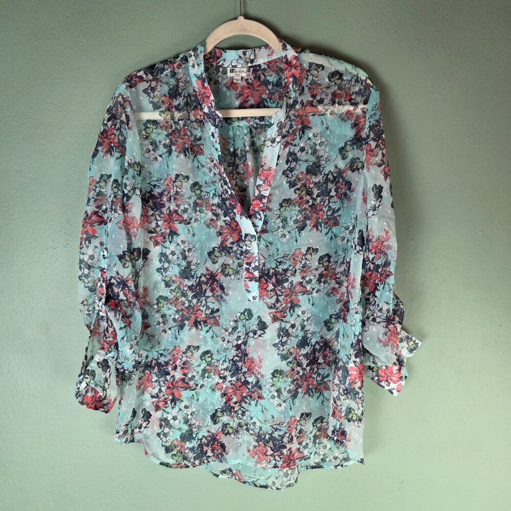 Kut From The Kloth Womens Large Semi Sheer Floral Swiss Dot Top Roll Tab Sleeve